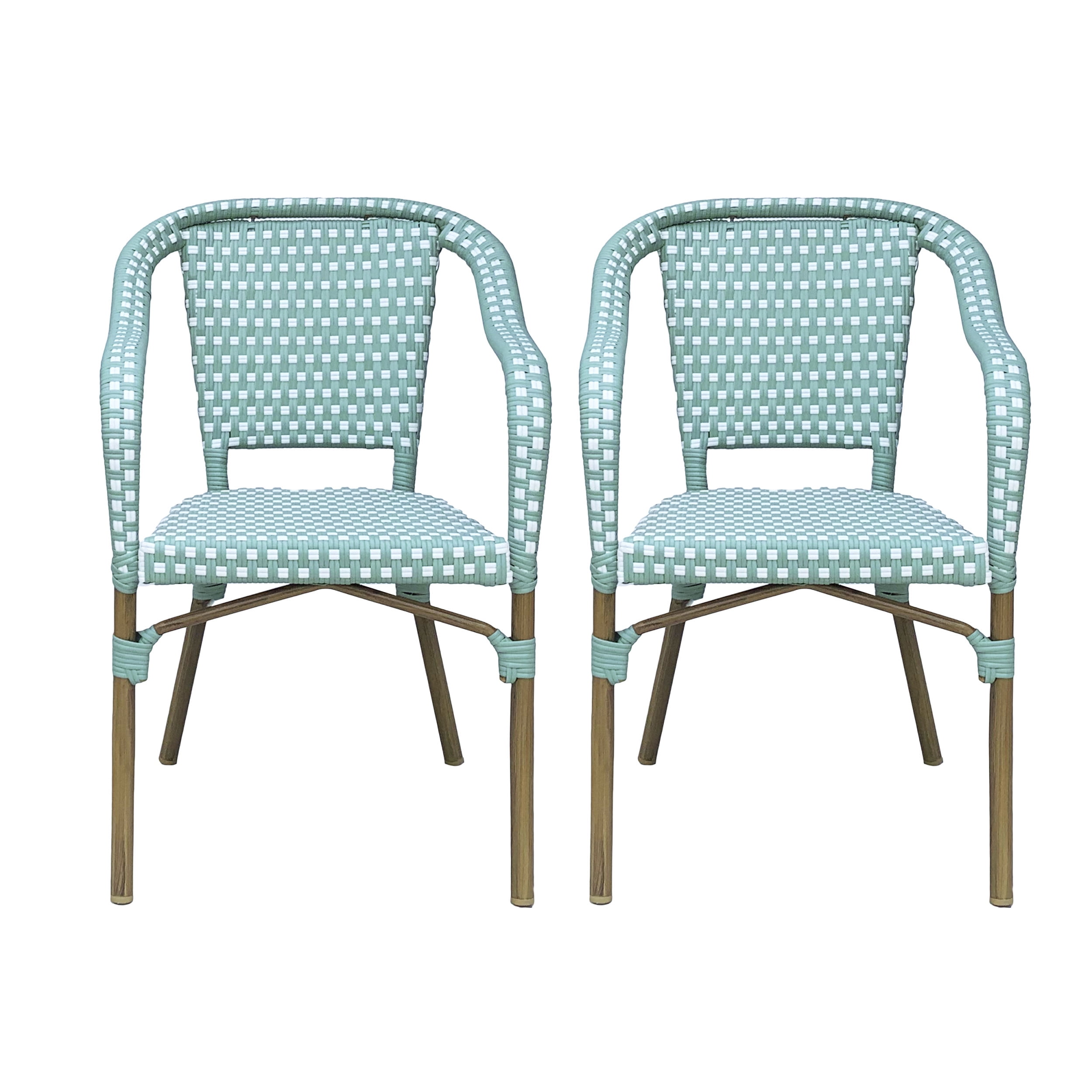 GDF Studio Grouse Outdoor French Bistro Chairs, Set of 2, Light Teal, White, and Wood Print