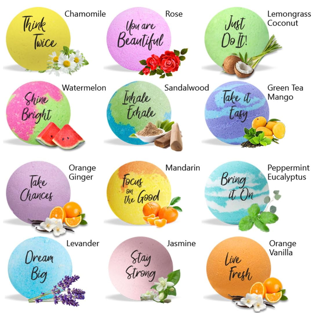 Bath Bombs for Women Relaxing with Inspirational Messages, 12 Natural and Organic Bath Bombs with Essential Oils & Skin Moisturizing Shea Butter. Selfcare Gift for Mom, Wife, Girlfriend