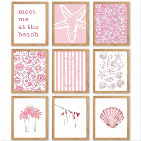 Poster Set of 9 Themed Wall Art Beachy Painting Picture Wall Decor Shell Palm Trees Flowers Printed Artwork for Teen Dorm Bedroom Apartment 8x10 Inch in Unframed