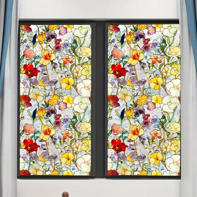 Wall Stickers Rainbow Floral Static Cling Window Film Removable Decal for Glass Doors Decorative Privacy Film with Botanical Designs for Home and