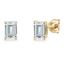 Gem Stone King 14K Yellow Gold White Moissanite Stud Basket Setting Earrings for Women Men | 1.14 Cttw | Gemstone Birthstone | Emerald Cut 6X4MM | Double Notch | Gold Earrings for Women Men