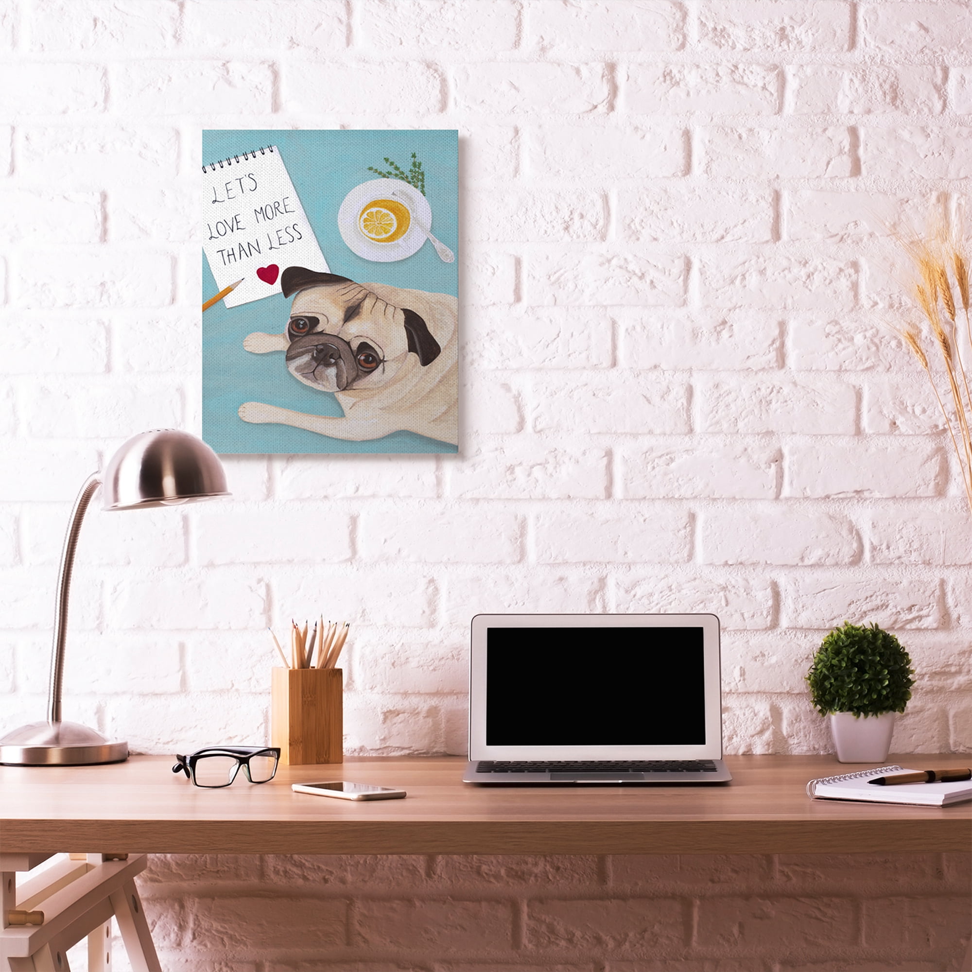 Stupell Home Décor Love More Pug with Tea Dog Painting Canvas Wall Art by Sally B