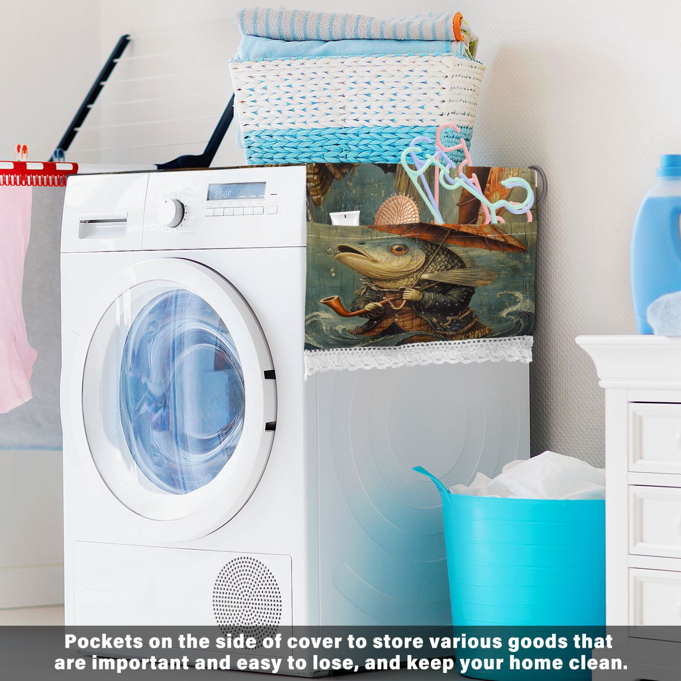 Strange FishWasher and Dryer Covers Dust-Proof and Oil Resistant Fridge Cover with 4 Storage Pockets Washing Machine Top Cover for Laundry Kitchen Home 51.2 x 22 In