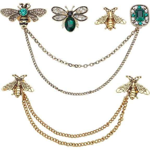 1Box 4 Styles Bee Brooch Lapel Pins Bee Themed Hanging Chain Brooches Animal Women Vintage Crystal Badge Suit Collar Brooches Pins for Clothing Bags Backpacks Jackets Hat Decoration