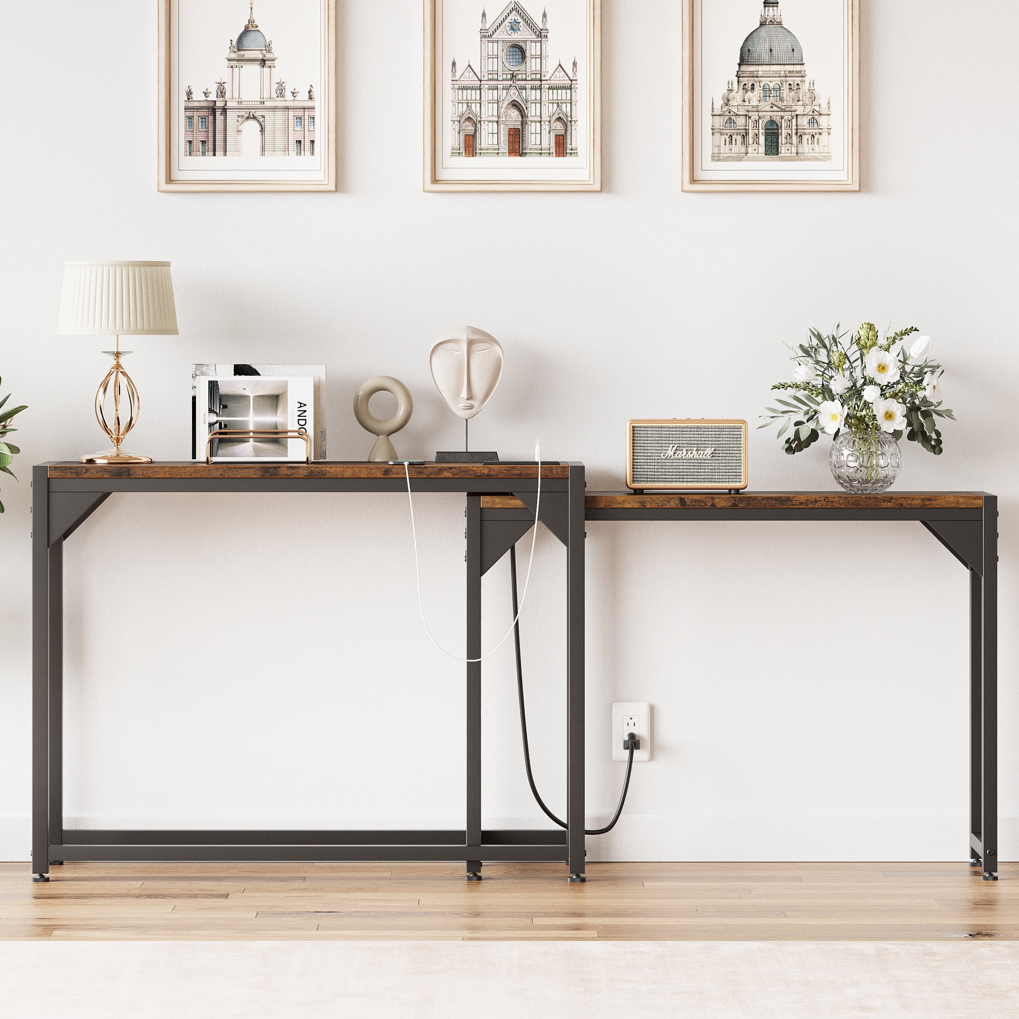 Industrial Console Table Brown with Outlet, 79” Sofa Tables Narrow Long ...