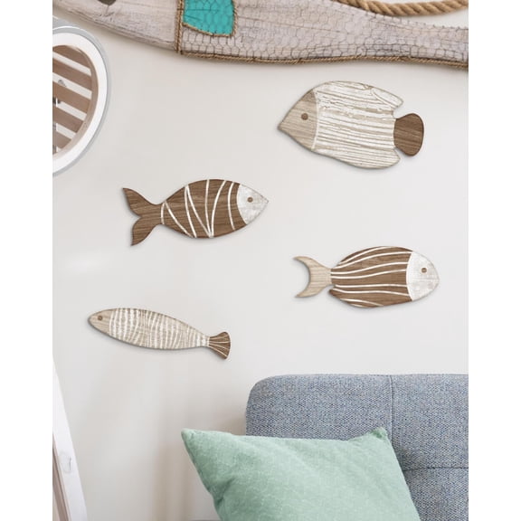 4pcs Wooden Fish Wall Decor, Nautical Theme Fish Wall Sculpture Lake House Ocean Decor Vintage Ornaments for Home Bathroom Bedroom