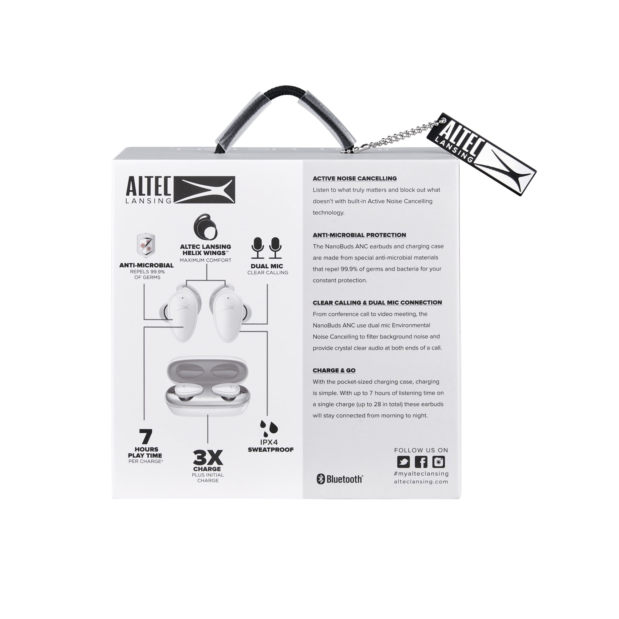 Altec Lansing NanoBuds Active Noise Cancelling Truly Wireless Earbuds, with Water Resistance, Stay-In-Place Helix Wings, Anti-Microbial Protection, 28 Hours of Total Playtime, White
