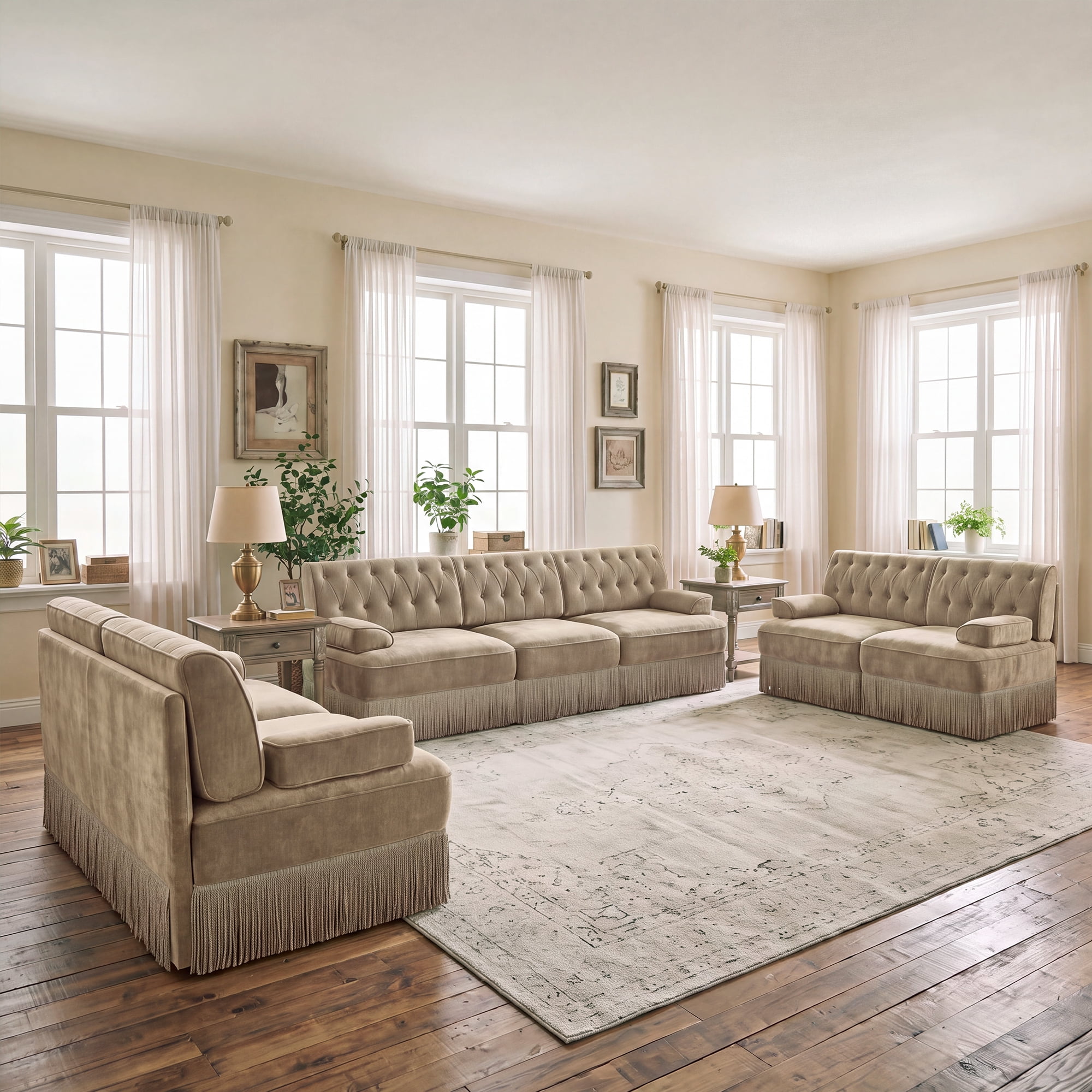 3‑Piece Sectional Sofa Set, 2 Pcs Loveseat & 1 Pcs 106" 3‑Seater Sofa Couch Set with Tassel Skirt