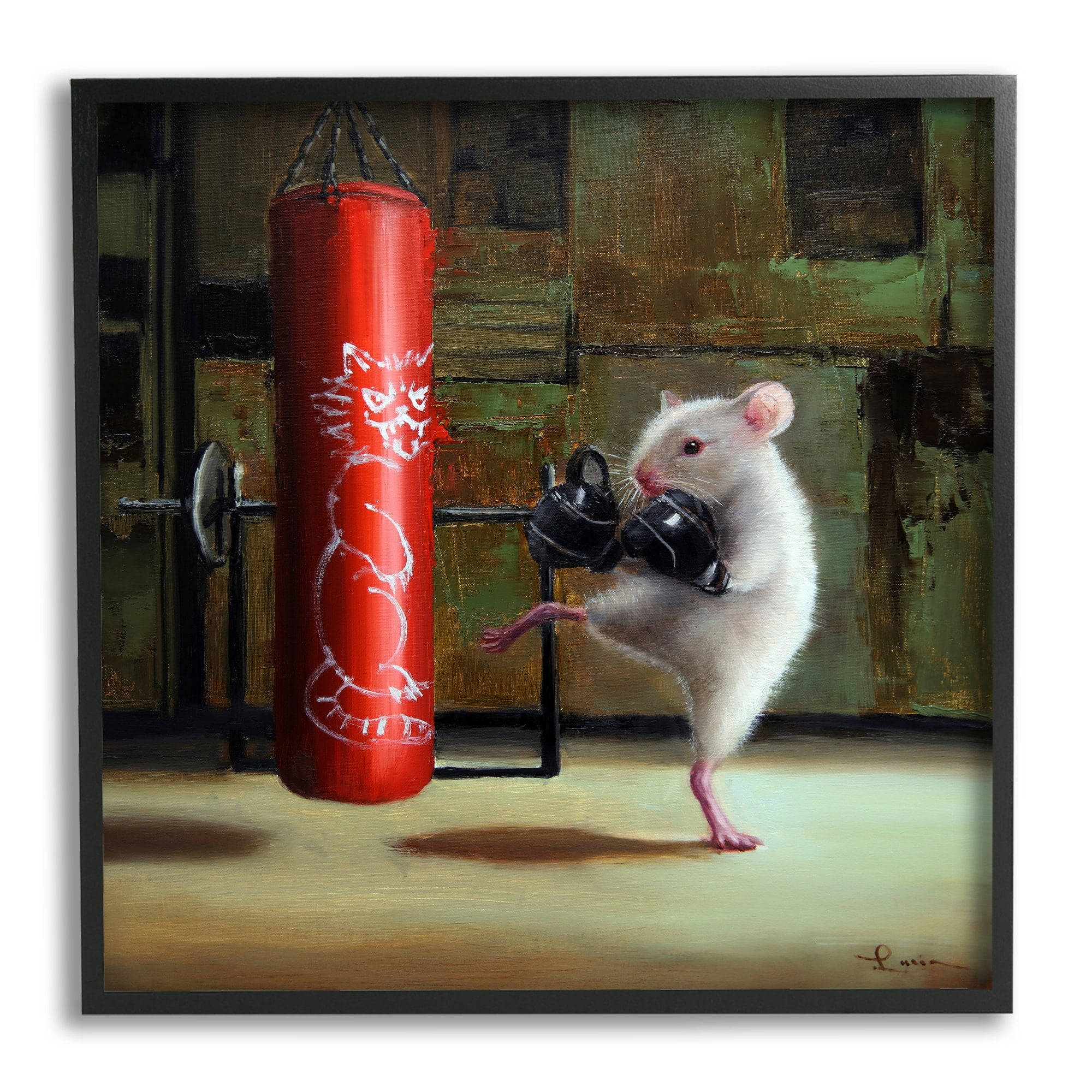 Detailed Mouse Kick Boxing Cat Punching Bag Animals & Insects Painting Framed Art Print Wall Art