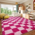 thumbnail image 4 of ZENELESS 8x10 Fluffy Rug for Living Room,Checkered Shaggy Soft Anti-Skid High Pile Carpet for Boys Girls Teen Room Dorm Home Decor,Pink and Rose Red, 4 of 7