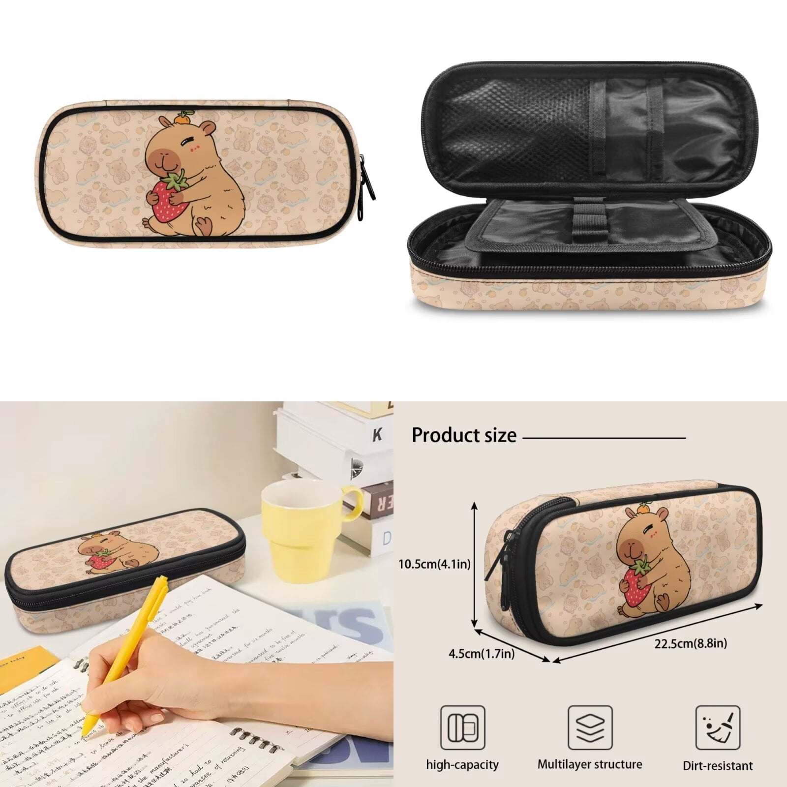Pzuqiu Strawberry Capybara 4 Piece Back Pack for School Girls Kids Backpacks for Girls Lunch Bag with Pencil Bag Water Bottle Holder Travel Daypack Camping Schoolbag 17 Inch