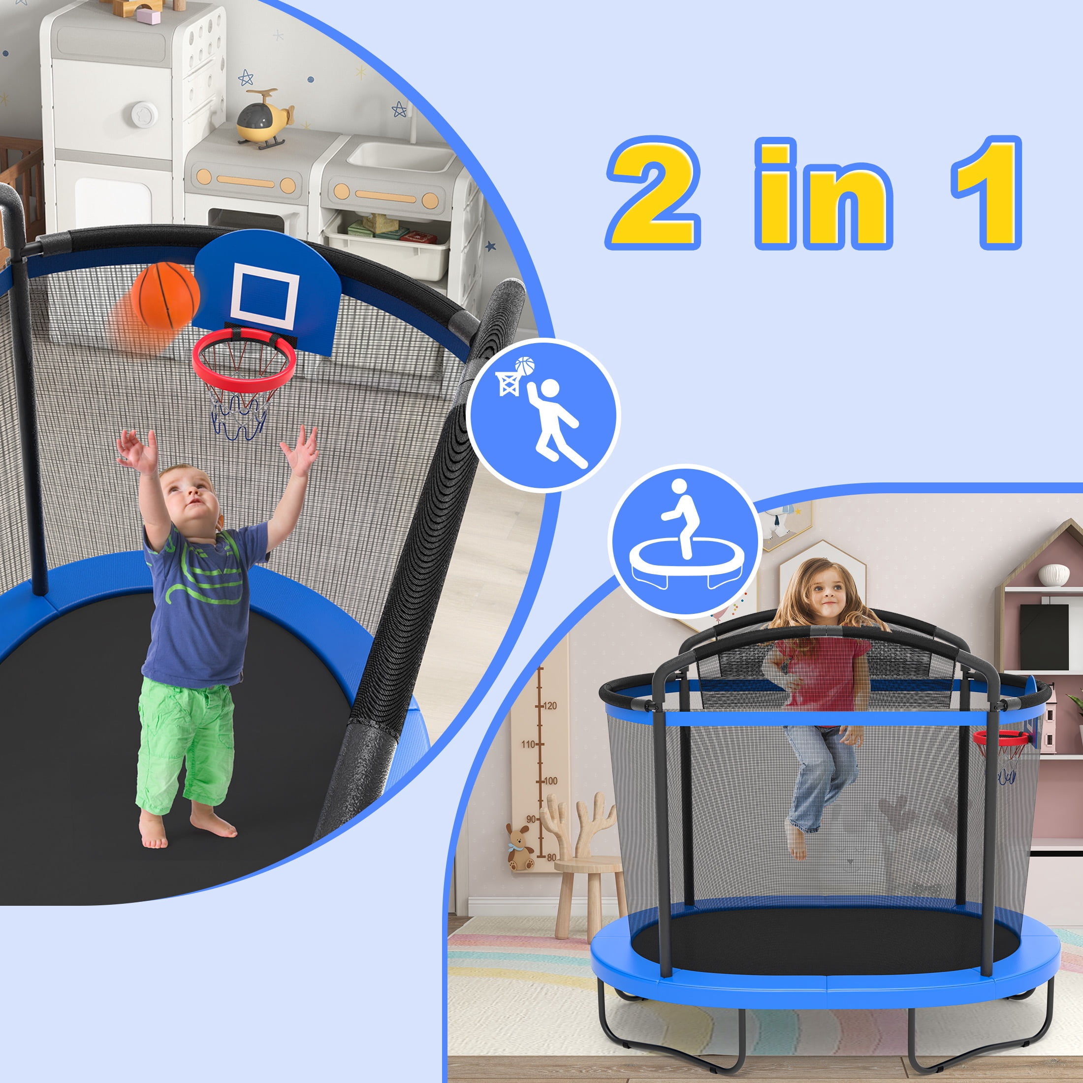 6Ft Toddler Trampoline for Kids with Enclosure, Shinpt Indoor & Outdoor Toddler Trampoline, Mini Trampoline for Boys & Girls Ages 3+, Small Trampoline with Basketball Hoop & No-Gap Safe Design