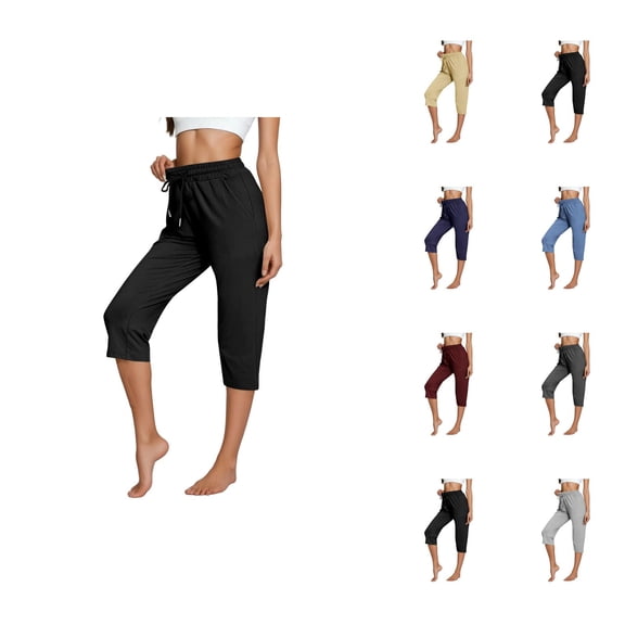 Capri Pants for Women 2025 Elastic Waist Straight Leg Casual Loose Capris with Pockets Womens Cropped Pants