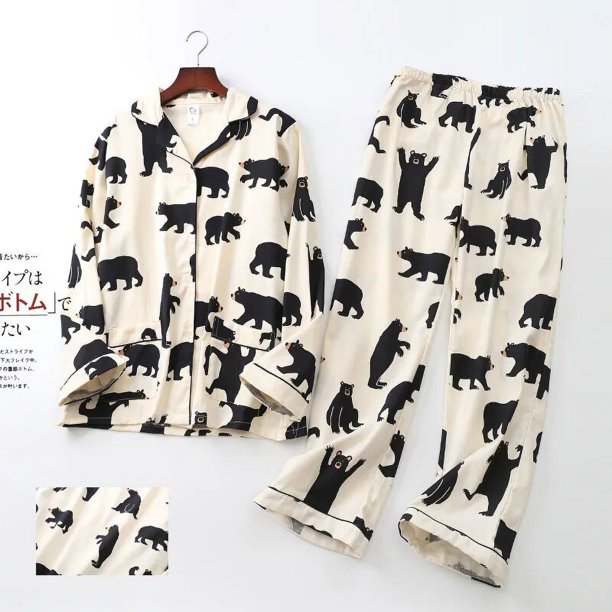 Conjunto de pijama de algodón cepillado para mujer, ropa de dormir informal con bonito oso, 100%, Otoño e Invierno
