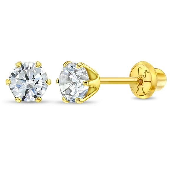 Boucles d'Oreilles pour Tout-Petits en Diamant Simulé à Griffes Radiant, Dos à Vis de Sécurité - Or 14 K