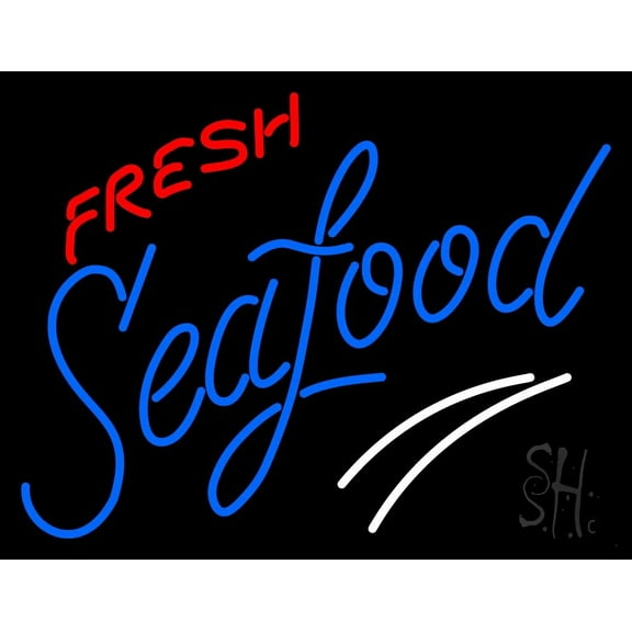 Fresh Seafood LED Neon Sign 24 x 31 - inches, Black Square Cut Acrylic Backing, with Dimmer - Bright and Premium built indoor LED Neon Sign for restaurant window and interior decor.