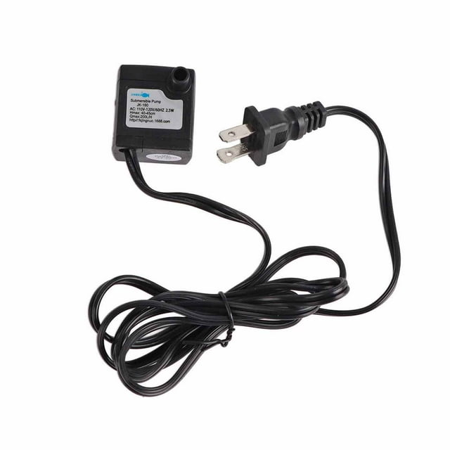 Pet Water Fountain Pump, a compact and lightweight replacement pump for cat water fountains, made of durable ABS material. Features an adjustable flow knob, IPX8 waterproof rating, and a US plug (110-120V). Includes a long power cord and suction cups for secure attachment to flat surfaces. Designed for quiet operation and easy cleaning, compatible with various pet water dispensers.
