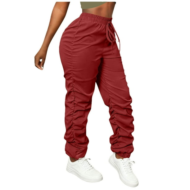 Amzcrzy Pantalones Cargo Mujer Color Liso Ligeros Senderismo Detalle Fruncido Cintura Elástica Cordón Cómodos Jogging Tallas S-2XL Rojo
