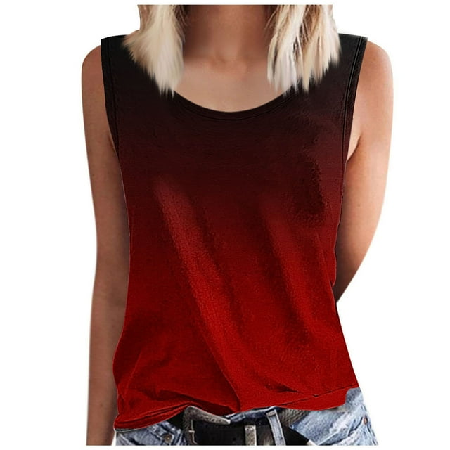 Swstbby Soldes d'Été! Hauts d'Été pour Femmes Grande Taille, Mode Féminine Été Imprimé Col Rond Sans Manches Débardeur Rouge S
