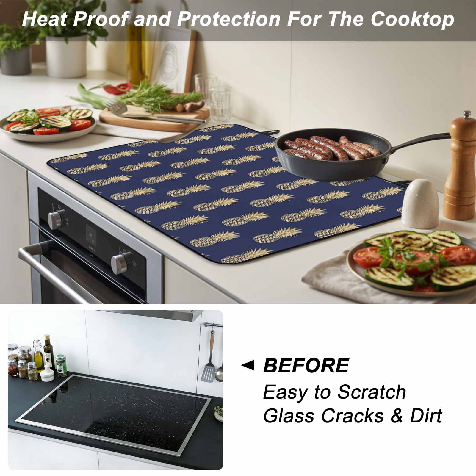 Pineapple Stove Top Cover for Electric Stove, Heat-proof & Non Slip Glass Top Stove Cover Protector, Yellow Fruit Navy Blue Summer Tropical Kitchen Flat Cooktop Rubber Mat 28.5x20.5 Inches
