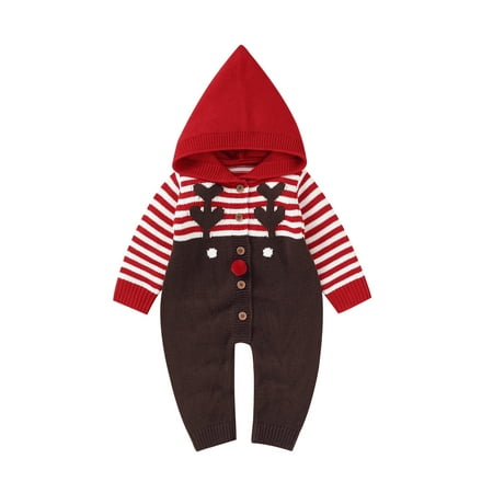 

Newborn Baby Girl Boys Christmas Knit Jumpsuit Striped Letters Print Long Sleeve Hooded Bodysuit Infant Winter One Piece Romper