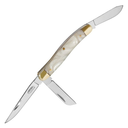 Buckshot Knives 8 3-Blade Stockman Pocket Knife with White Imitation Pearl Inlay Handle