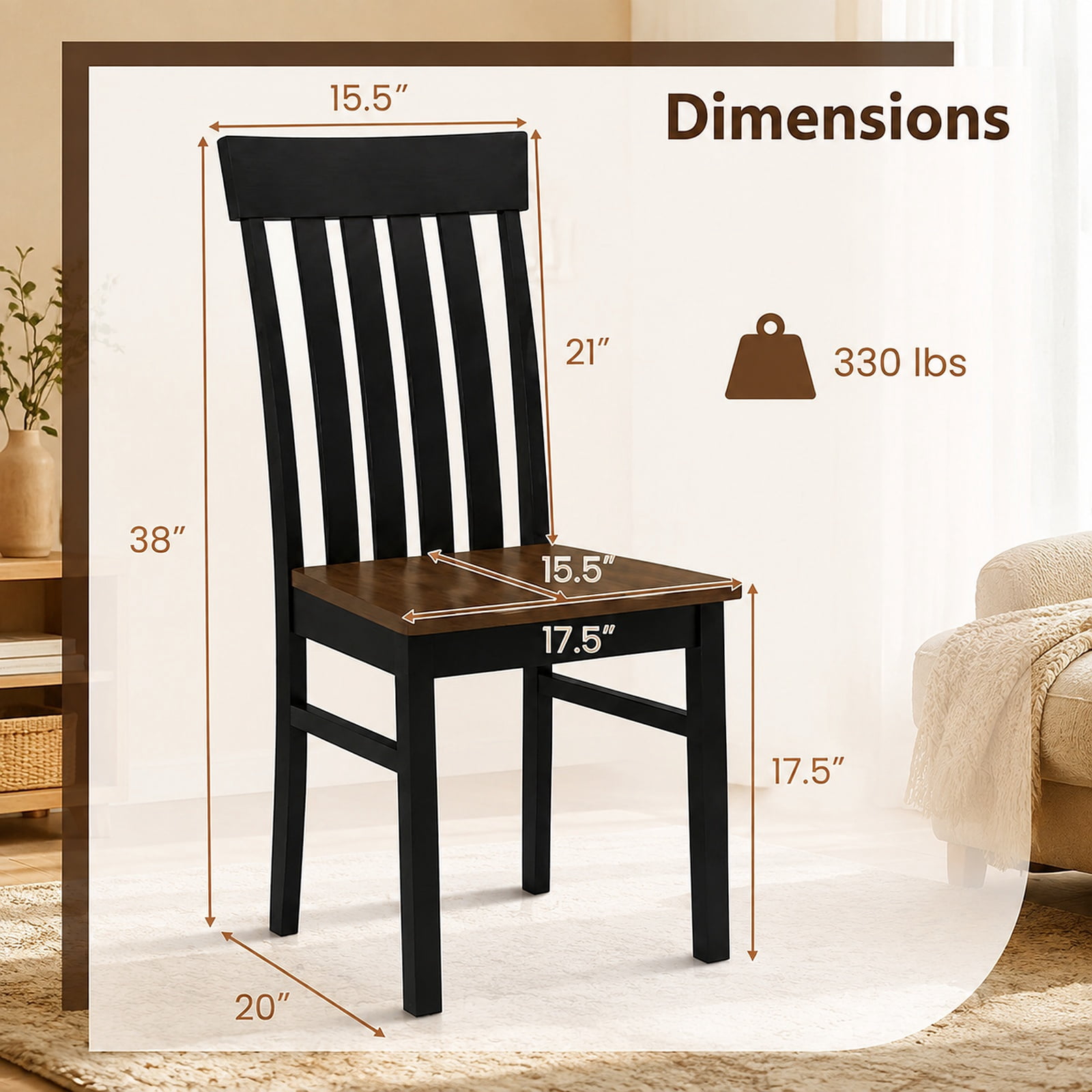 Furnibear Wooden Dining Chairs Set of 2 Armless Kitchen Chairs with Slatted High Backrests and Rubber Wood Legs for Dining Room, Black