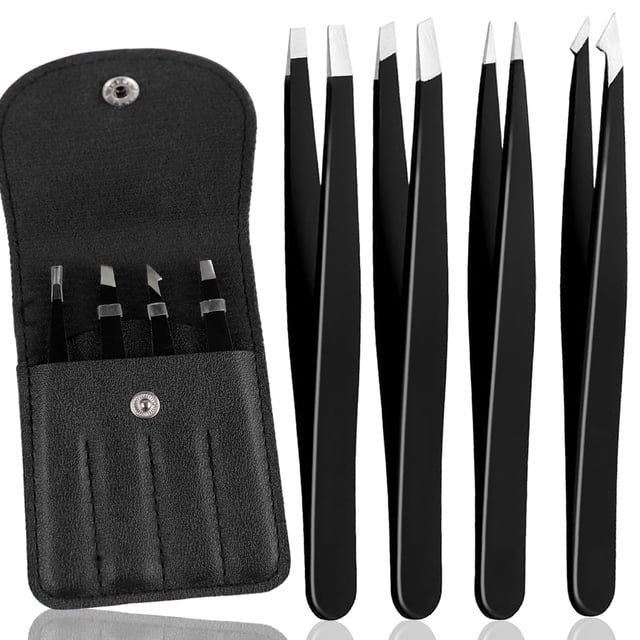 Set de pinzas para cejas TKYZMS de 4 piezas de acero inoxidable negro