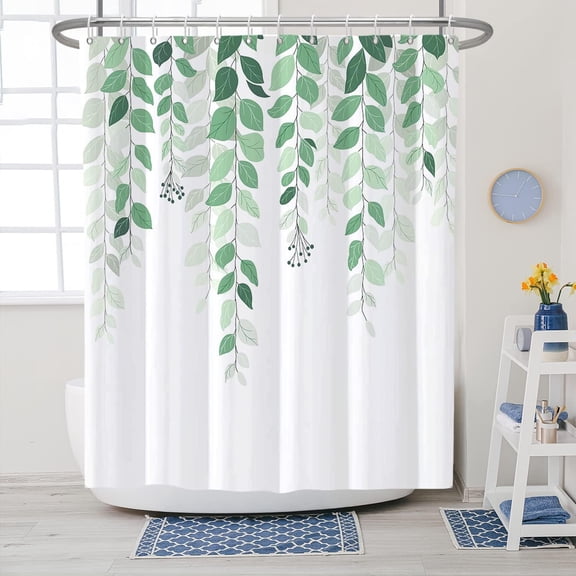 Mint Green Shower Curtain, Natural Watercolor Leaves Shower Curtain Botanical Plants 12 Hooks Fabric Waterproof Home Bathtub Decor 72x72