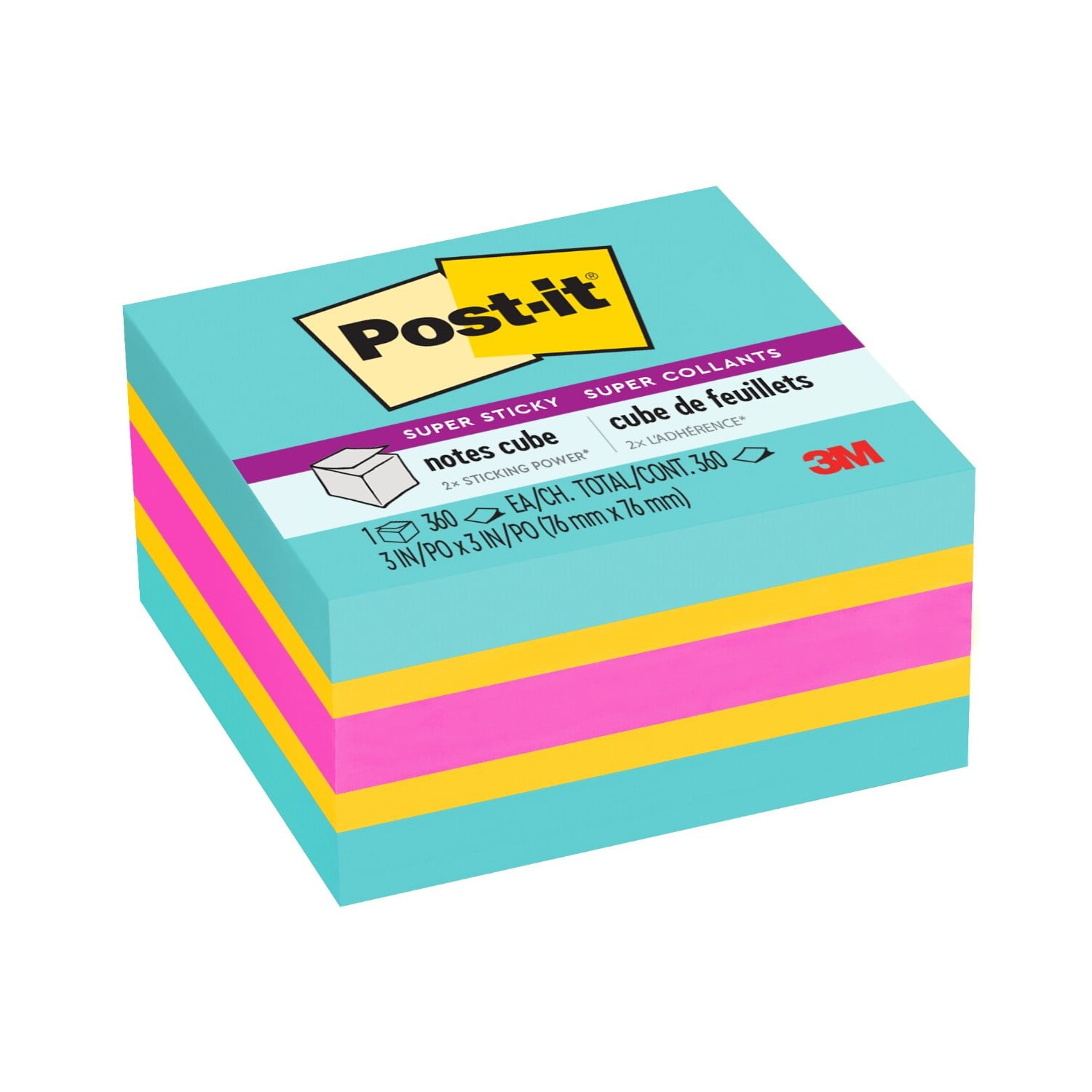 (25 pack) Post-it Super Sticky Notes Cube, 3 in x 3 in, Bright Colors, 1 Cube