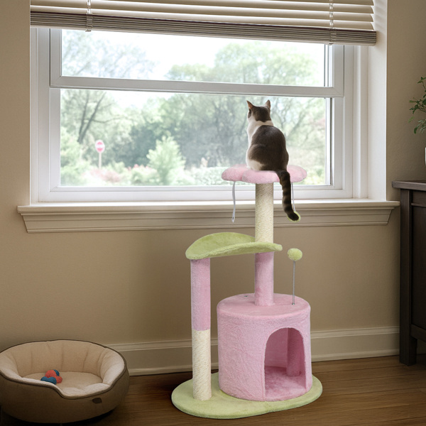 33in Multi-Level Cat Tree, Plush Enclosed Condo, Curved Perch, Top Bed, Sisal Scratching Posts, Interactive Toys for Kittens & Small Cats