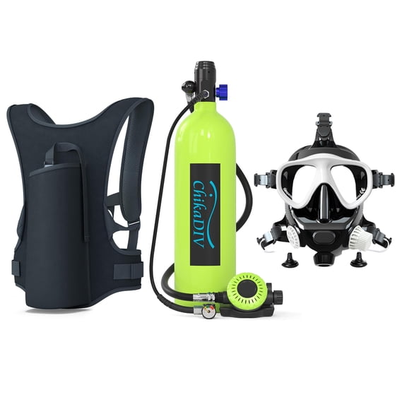 Mini Scuba Tank, 1.9L(14 Cu Ft) Portable Small Diving Tank for Underwater Breathing, Reusable Lung Diving Cylinder up to 35 Minutes Dive Time, with Backpack & Diving Mask for Snorkeling(Green)