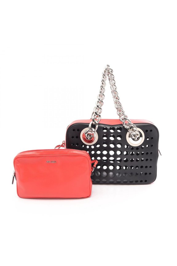 Pre-Owned Prada City Fori Perforated Tote Bag Handbag Leather Women's Black/Red