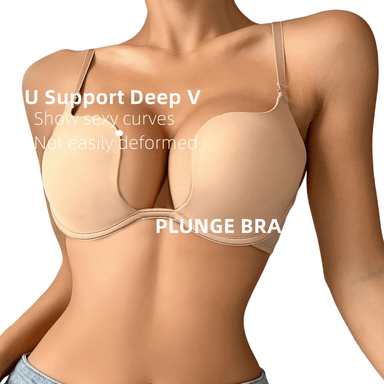 Women's Convertible Deep Plunge Push Up Bra with Clear Straps and Underwire  Support