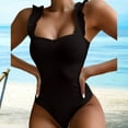 thumbnail image 4 of Fairnull Square Collar Backless Ribbed Women Monokini Ruffle Shoulder Straps Solid Color One-piece Bikini Beachwear, 4 of 7
