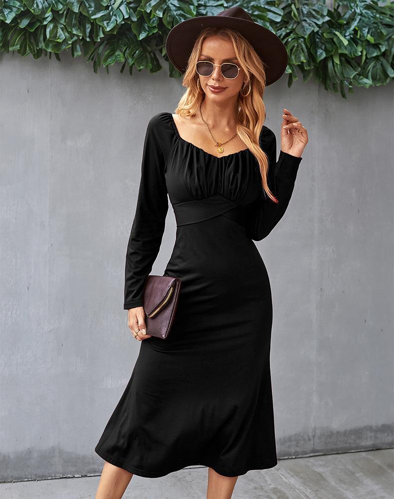 Women's Casual Long Sleeve A-Line Swing Dress, Solid Cross Wrap Pleated  Bodycon Empire Waist Midi Cocktail Dresses for Women(Black,L) - Walmart.com