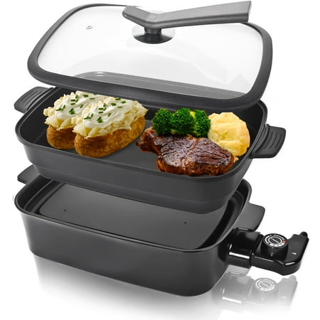 

Electric Skillet - Black Non-Stick Grill with Removable Plate 1400W Adjustable Temperature for Indoor Cooking Perfect for Grilling Meats and Party Meals