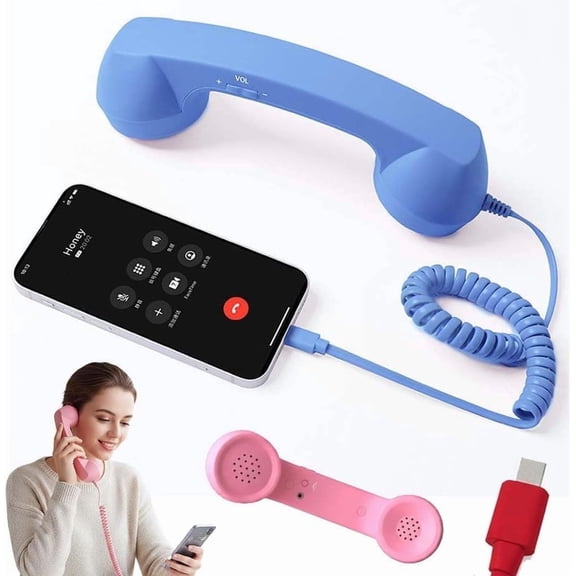 New Retro Phone Handset – Type-C Wired Landline-Style Receiver for Cell Phones, Ideal for Video Conferences, Calls & Meetings(Blue Type-C 1PCS)