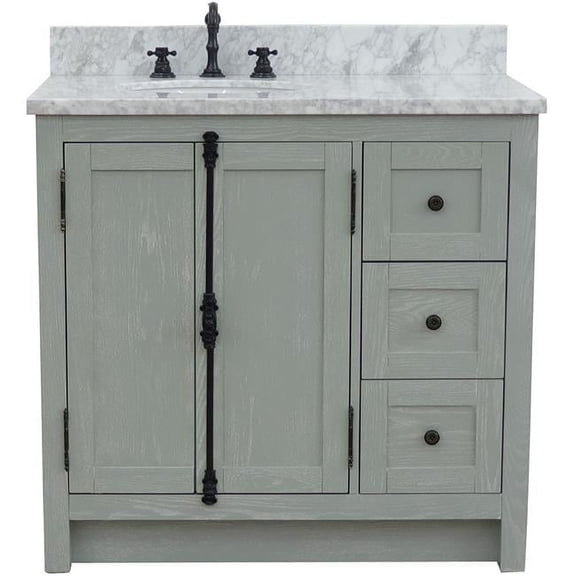 37 in. Carrara Top Oval Sink Single Vanity with Left Doors, Left Sink, Gray Ash & White