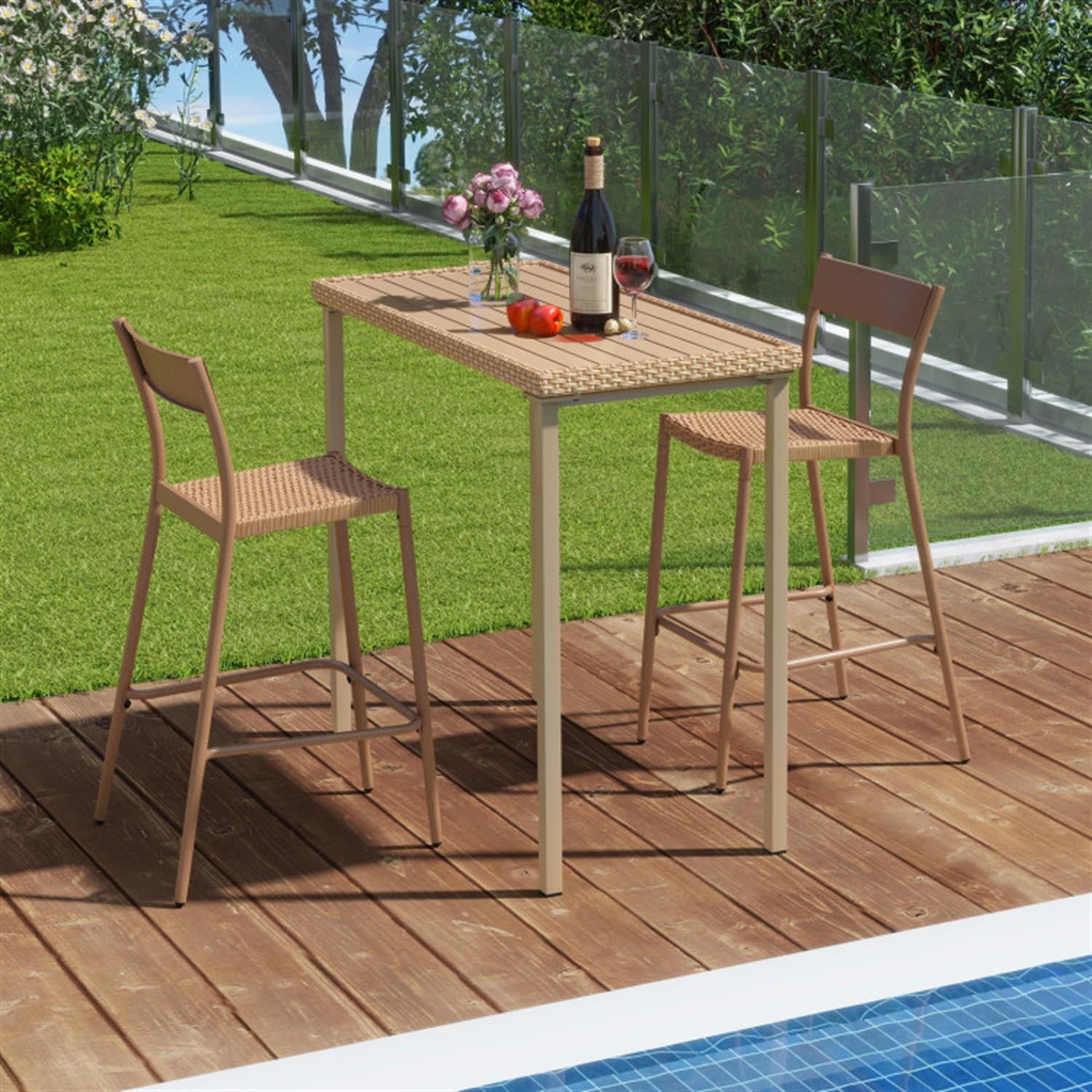 Demi Bonn 3 Pieces Patio Bar Table Set with Height Table and 2 Armless Chairs, Outdoor Bistro Sets Accent Furniture for Yard, Garden, Brown