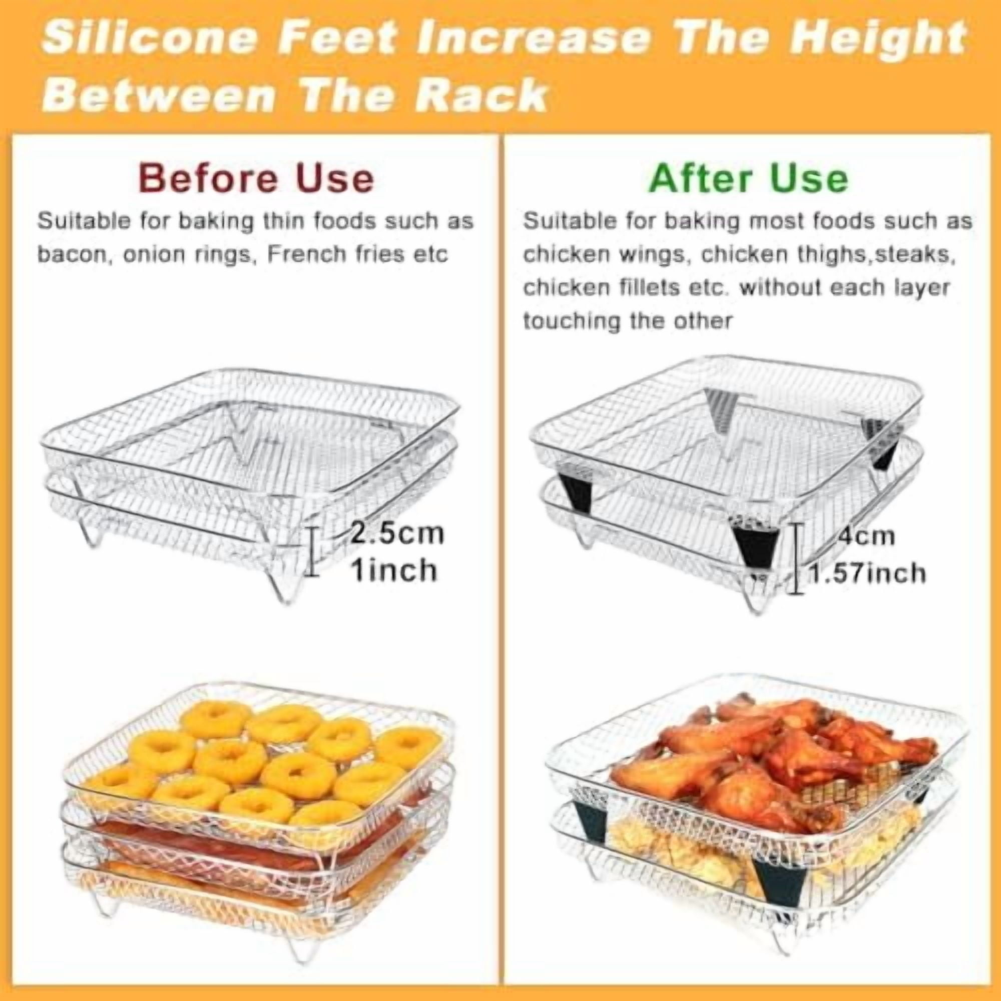 8 inch Square Air Fryer Rack, 3pcs Stackable Stainless Steel Dehydrator Rack with Silicon Feet, Square Air Fryer Accessories for Cosori, Instant Vortex, Ninja Pro XL 6.5 QT AF181 & More