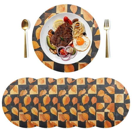 

joogoo Autumn Leaves on Checkered Grid Round Plate Mats for Dining Table Placemat Set of 6 Holiday Decoration