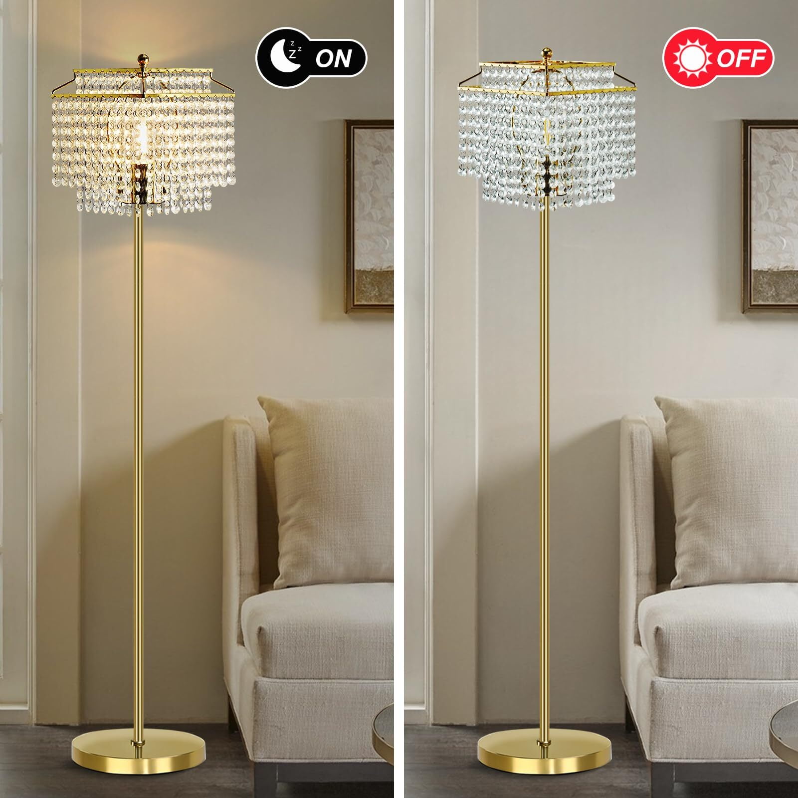 NATYSWAN Gold Crystal Floor Lamp , Modern Standing Lamps with Double-Layer Lampshade, on-off Foot Switch, for Living Room, Bedroom, Office, 8W Bulb Included