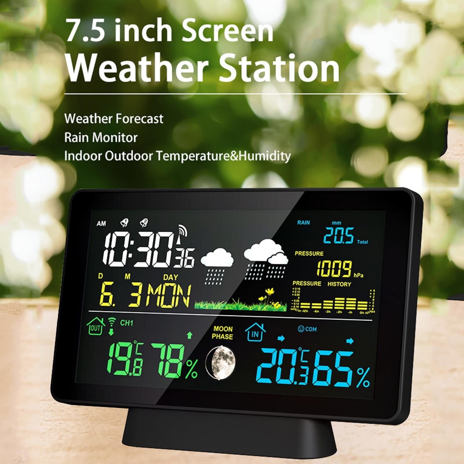 7.5‑Inch Color Screen Weather Station With Rain Gauge, Indoor Outdoor Temperature And Humidity, Atmospheric Pressure, Calendar, Alarm Clock, WWVB Auto Calibration, Triple Remote Sensors