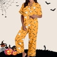 thumbnail image 2 of Likimi Halloween Pajamas For Women Set Lapel Button Down Hallowmas Graphic Print Short Sleeve Pjs Tops With Pants For Party Casual Sleepwear Orange Size L, 2 of 7