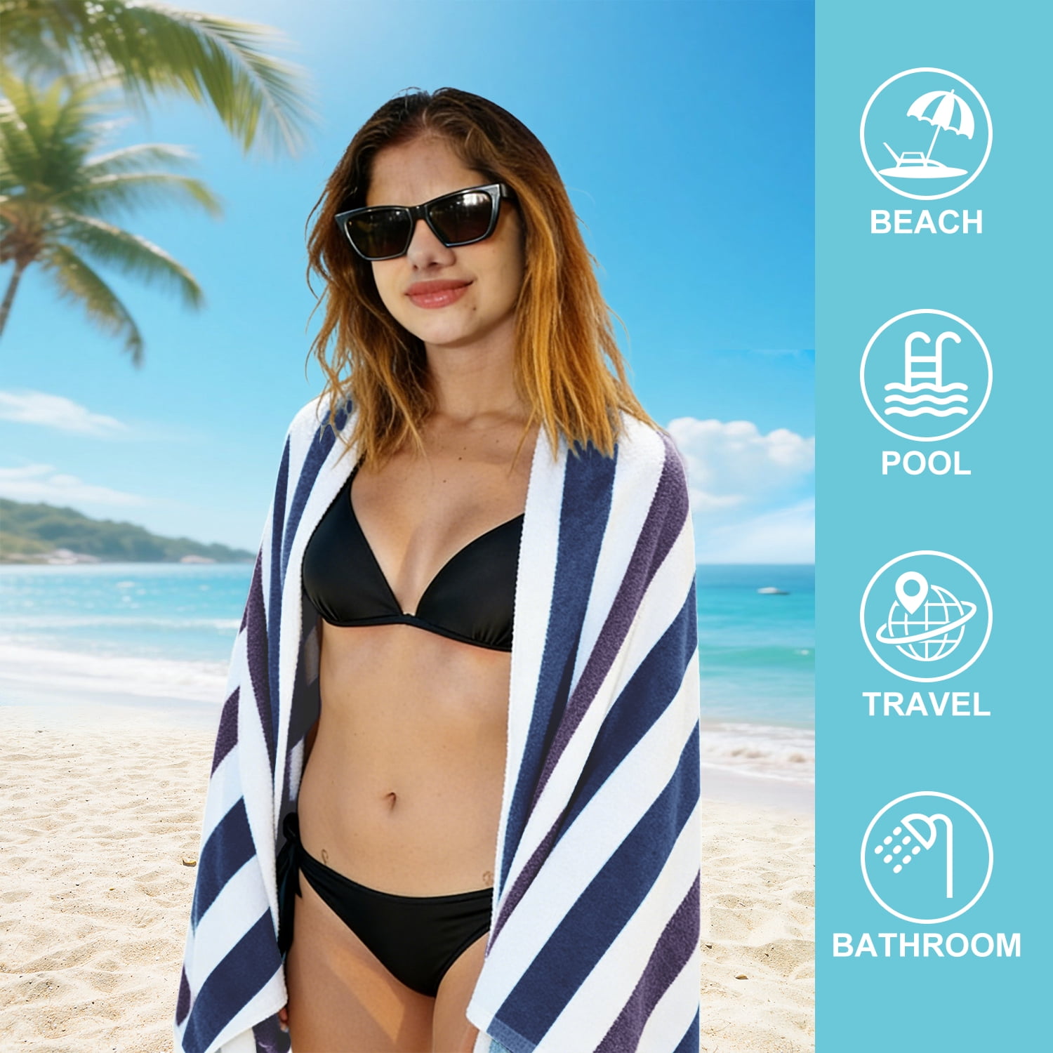 Jessy Home 4 Pack Navy Blue Purple Oversized Beach Towel Set, 40"x70" Striped Beach Towels Super Absorbent Towels for Beach, Pool
