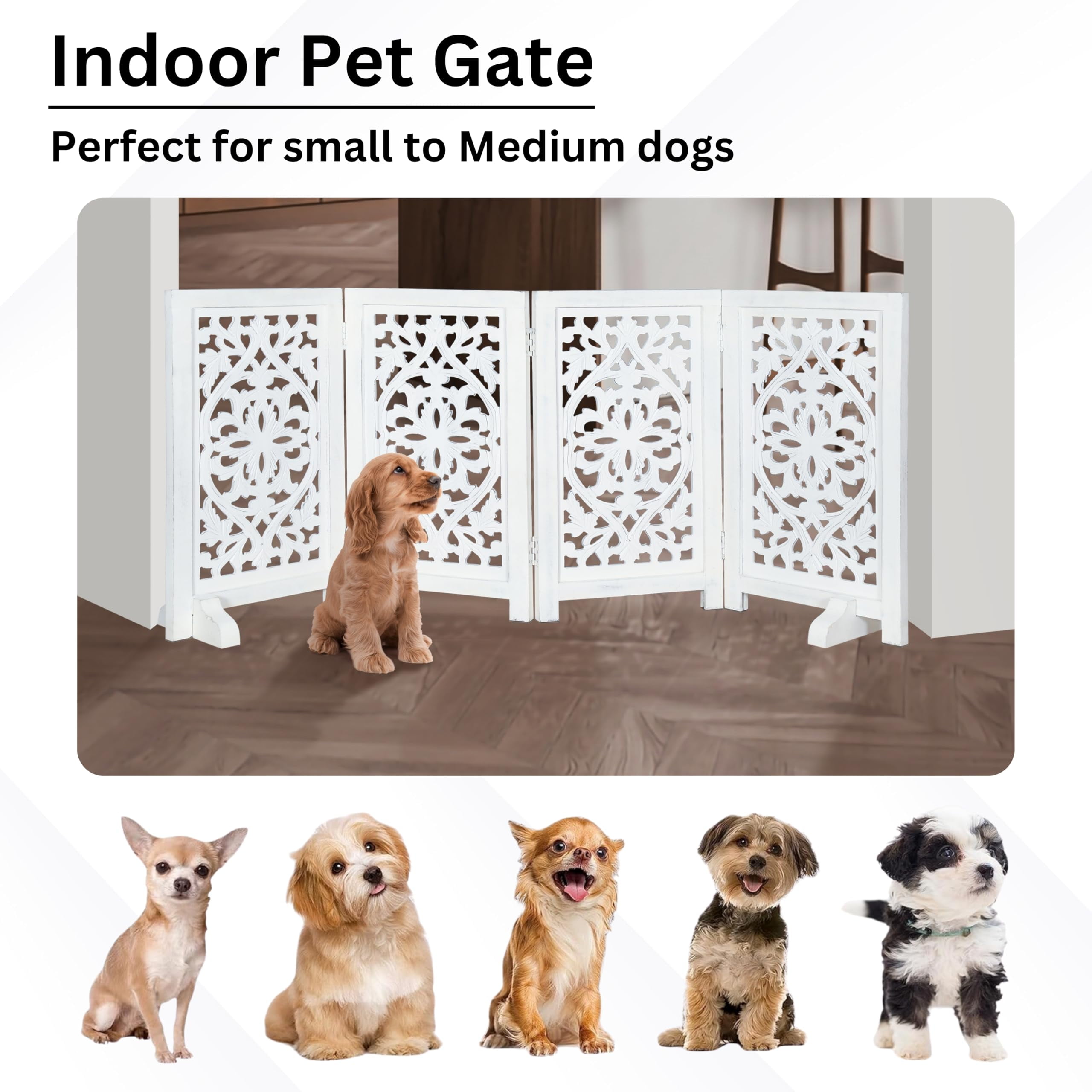 The Wooden Town Foldable Free-Standing Pet Gate, 4-Panel Wooden Dog Barrier, 56" W x 28" H, White Finish, Hand-Carved Solid Wood & MDF