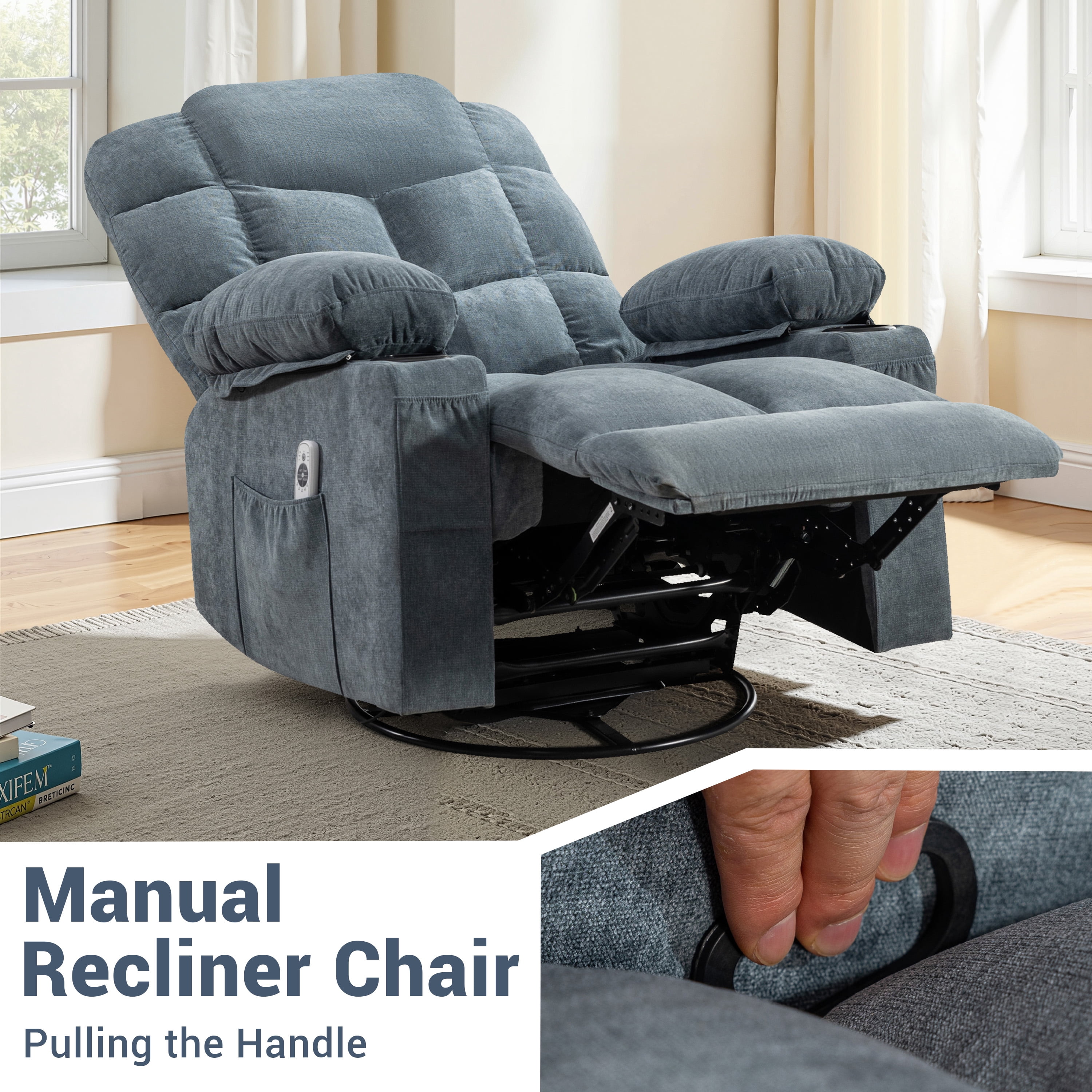 Swivel Rocker Chair, LEGAHOME Manual Glider Rocking Chair for Nursery with Massage and Heat, 22.8in Glider Massage Recliner Chairs for Adults, with Cup Holder and Side Pocket, Blue