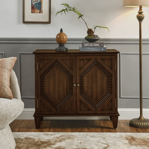 Newboti 33.6" Retro Wooden Sideboard Buffet Cabinet with Storage, Symmetrical Geometric Accent Display Cabinets, Media Console Credenza for Living Room/Entryway/Dining Room/Kitchen, Walnut BN.2428
