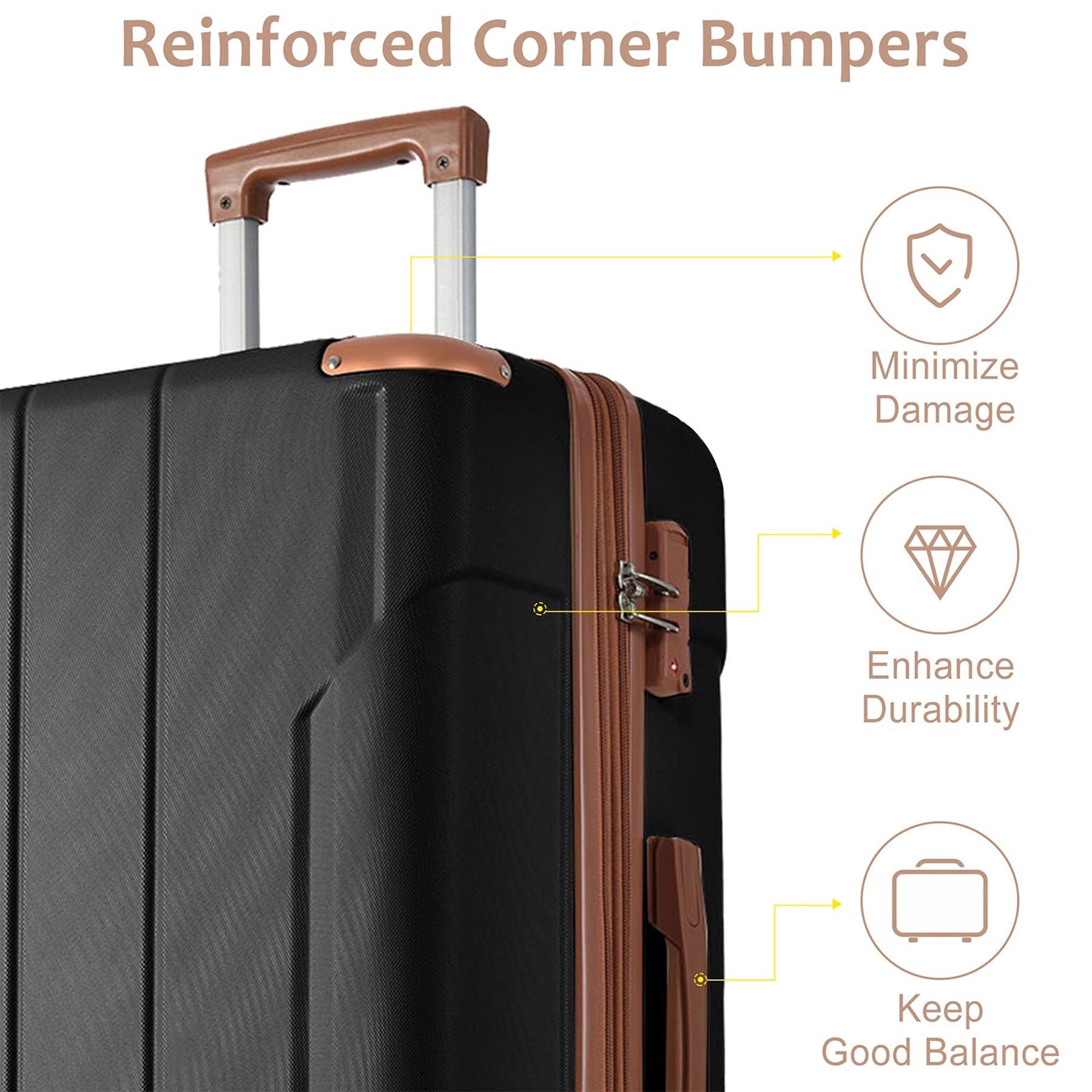 S-HOME 3 Piece Hard Shell Luggage Sets in Lightweight ABS with Double Spinner Wheels 20 24 28 Inch for Travel, Black